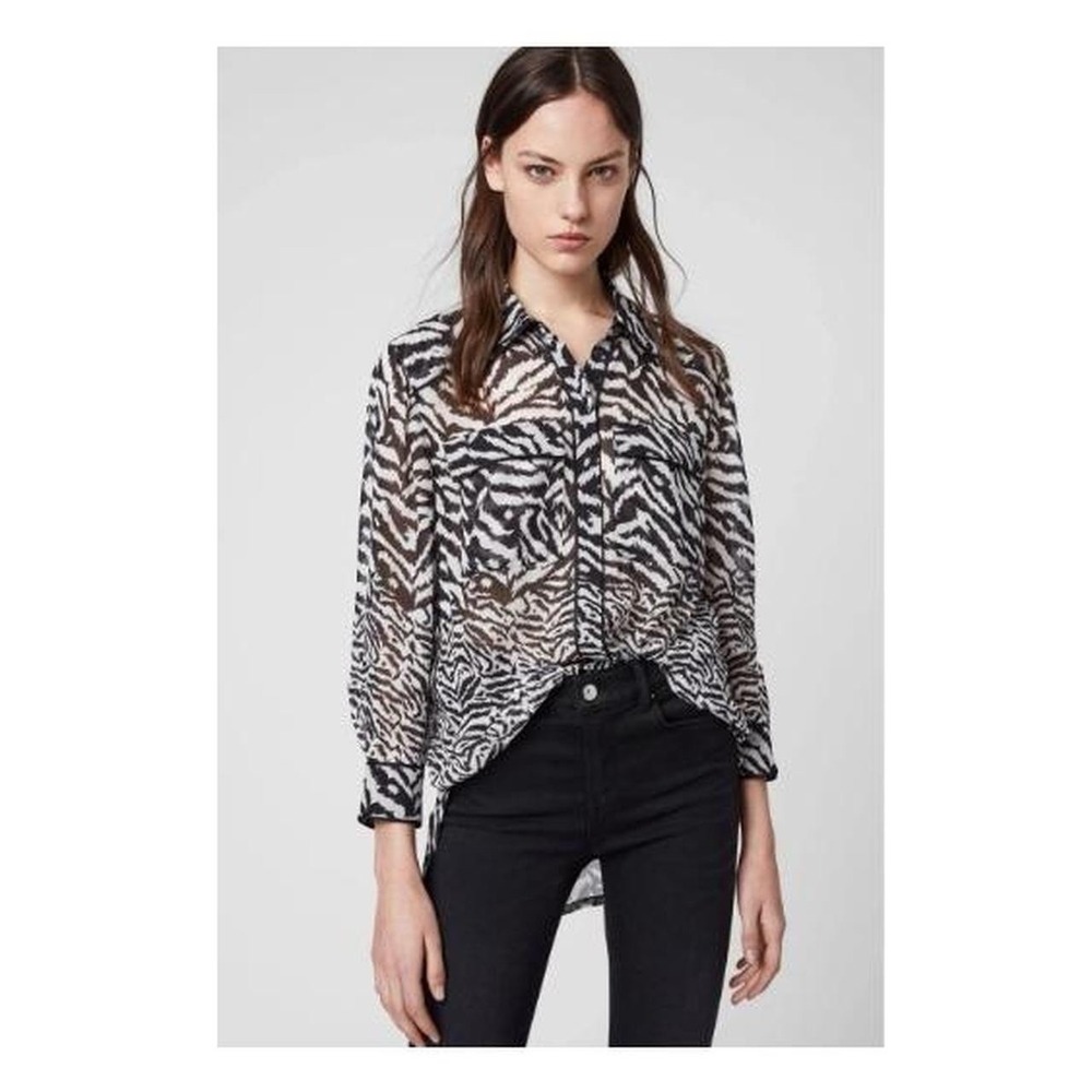 All Saints Black White Esther Remix Zebra Animal Print Blouse Top